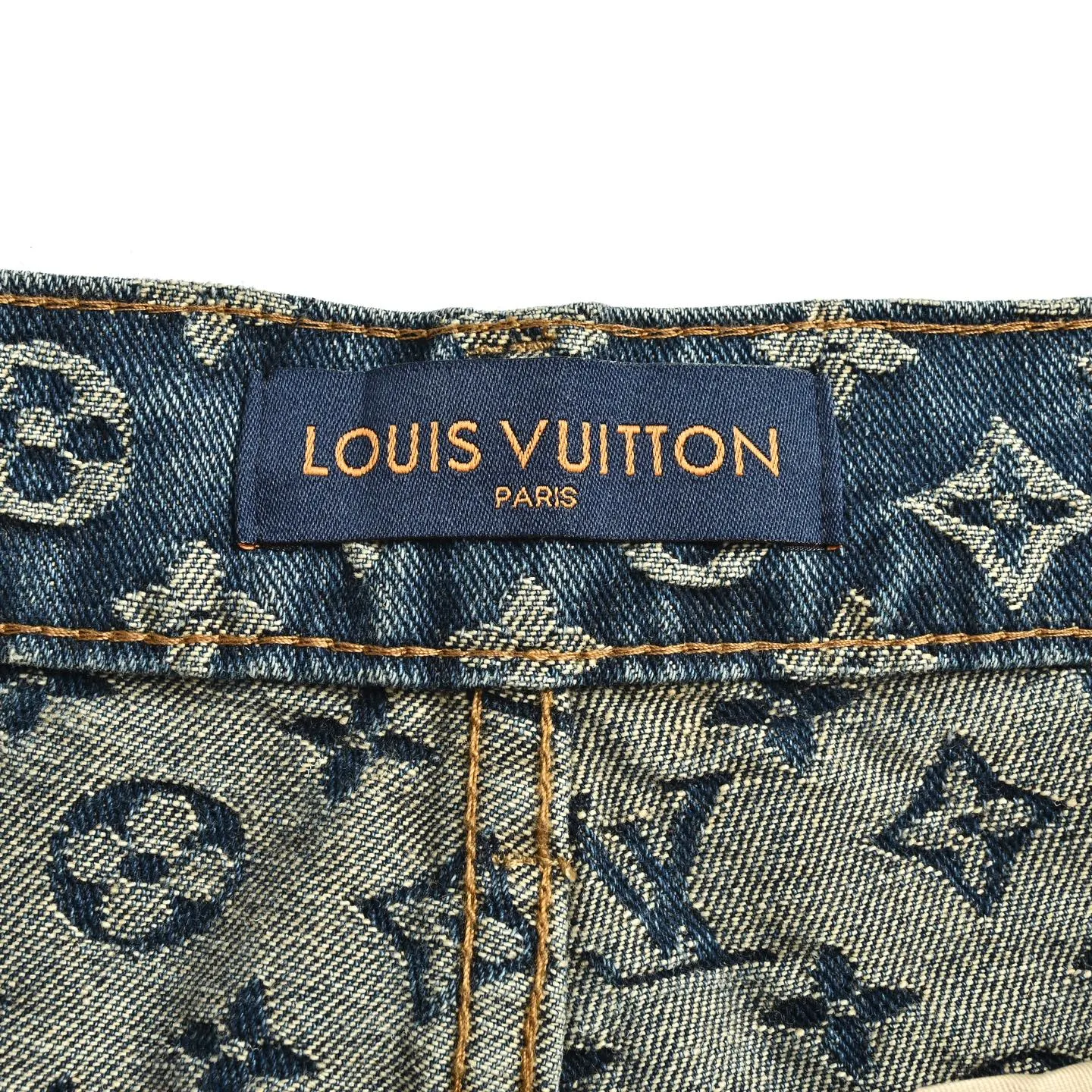 Louis Vuitton/Louis Vuitton all-over printed side leather strip washed blue jeans